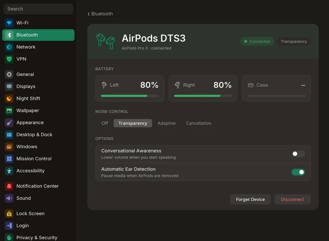 Settings showing AirPods Pro 3: battery of each earbud, noise control modes, conversational awareness and ear detection