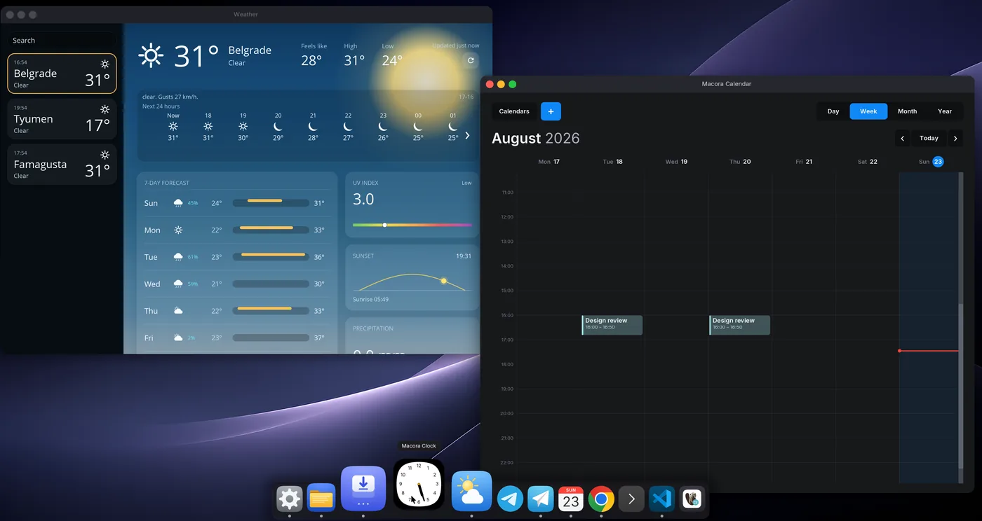 Weather and Calendar applications open, with a magnified dock icon below