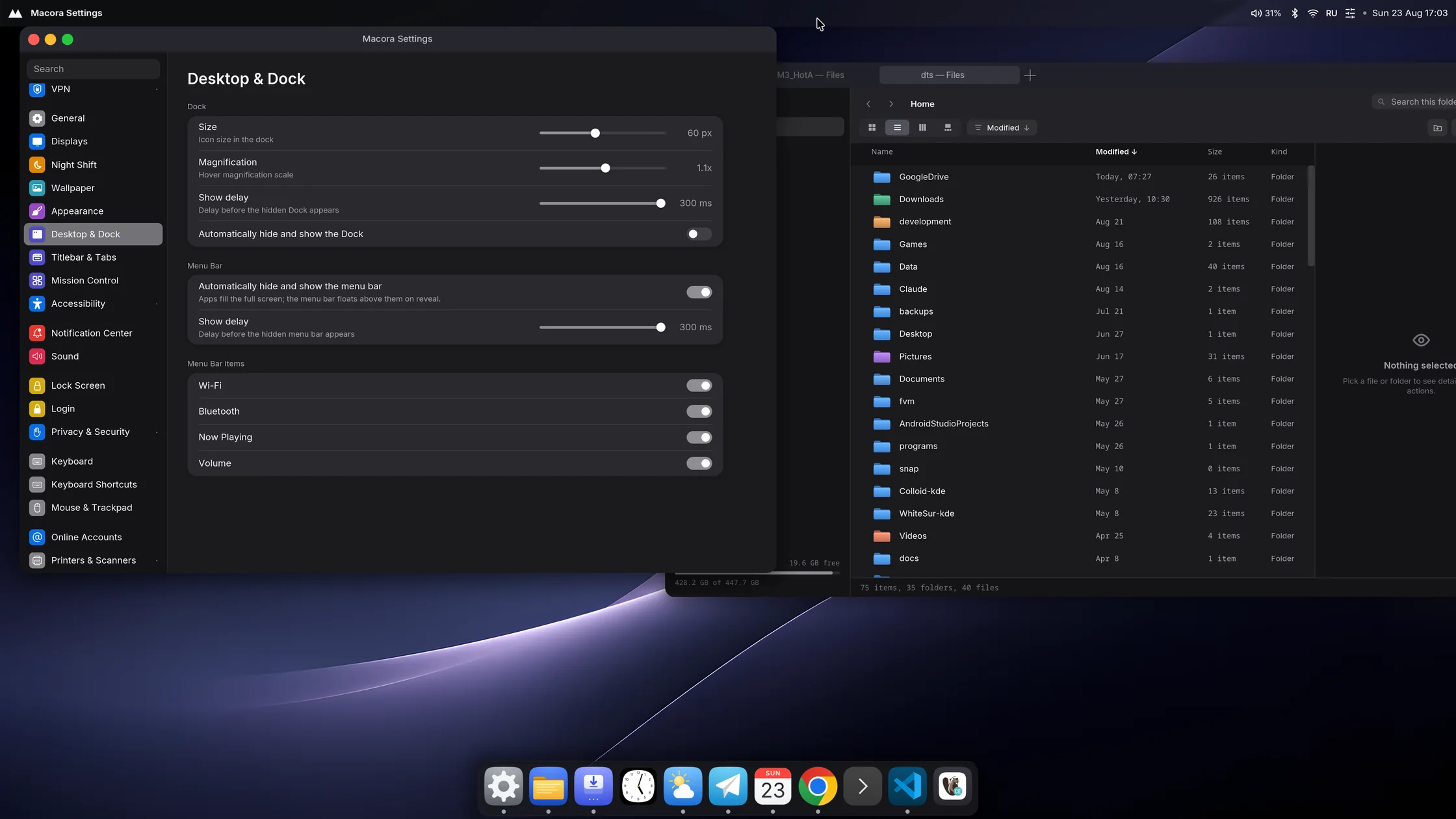 Macora desktop: menu bar, dock, Settings and a tabbed file manager