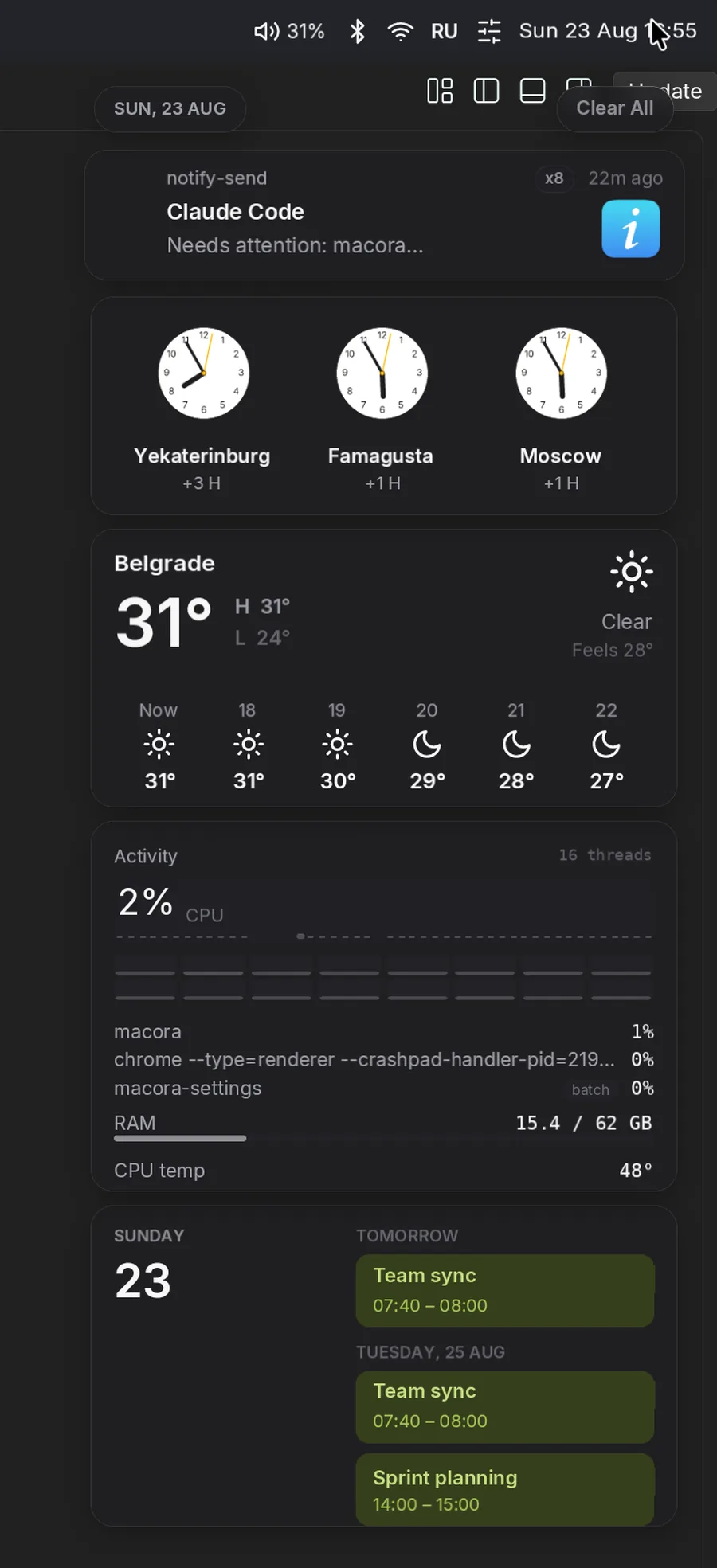 Notification Center with world clocks, weather, system activity and calendar